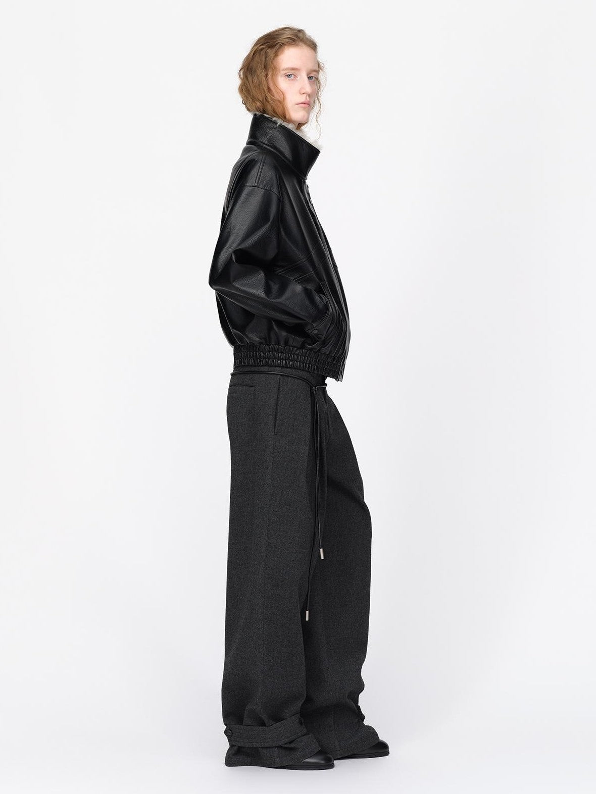 RUN TO THE FUTURE Black Litchi Textured Fur Collar Loose Fit Women&