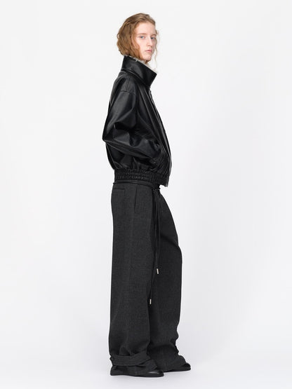 RUN TO THE FUTURE Black Litchi Textured Fur Collar Loose Fit Women&