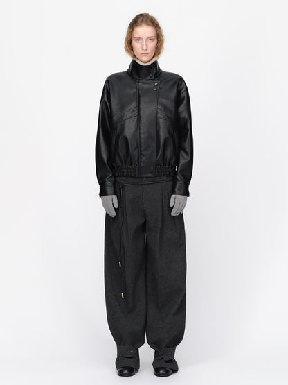 RUN TO THE FUTURE Black Litchi Textured Fur Collar Loose Fit Women&