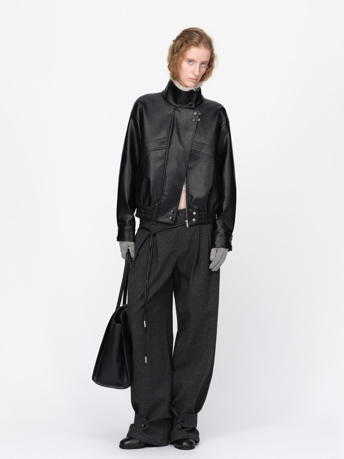 RUN TO THE FUTURE Black Litchi Textured Fur Collar Loose Fit Women&