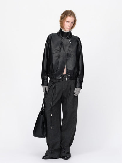 RUN TO THE FUTURE Black Litchi Textured Fur Collar Loose Fit Women&