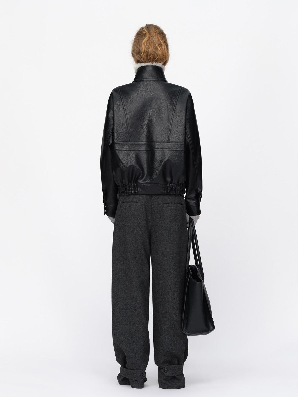 RUN TO THE FUTURE Black Litchi Textured Fur Collar Loose Fit Women&