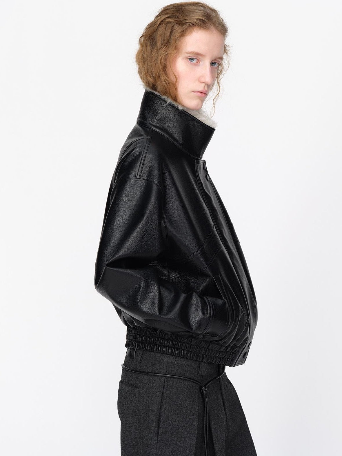 RUN TO THE FUTURE Black Litchi Textured Fur Collar Loose Fit Women&