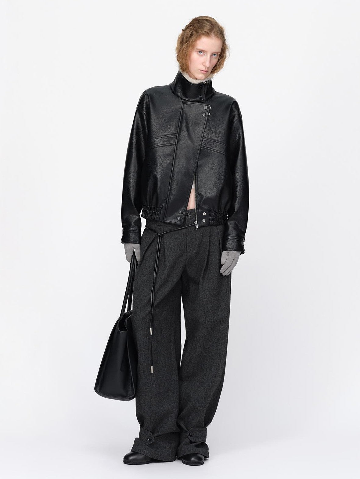 RUN TO THE FUTURE Black Litchi Textured Fur Collar Loose Fit Women&