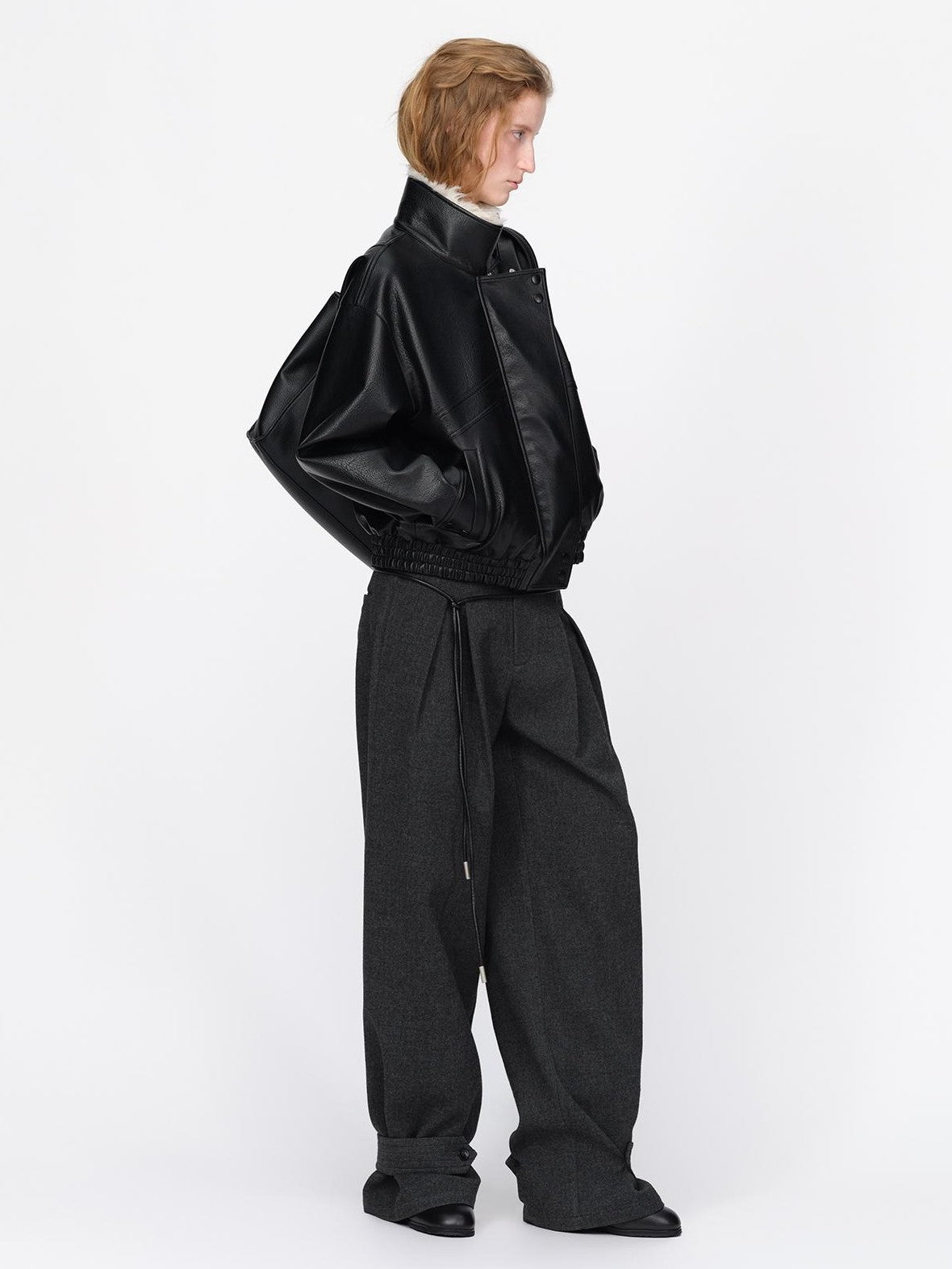 RUN TO THE FUTURE Black Litchi Textured Fur Collar Loose Fit Women&