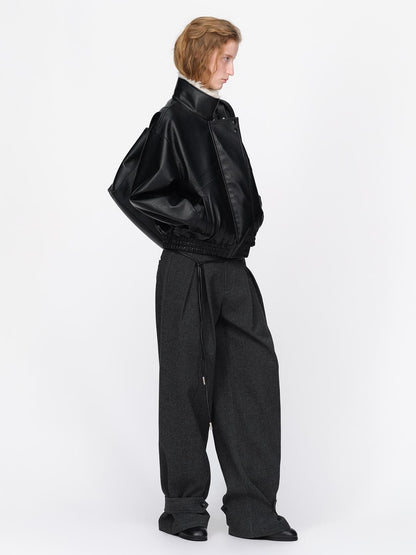 RUN TO THE FUTURE Black Litchi Textured Fur Collar Loose Fit Women&
