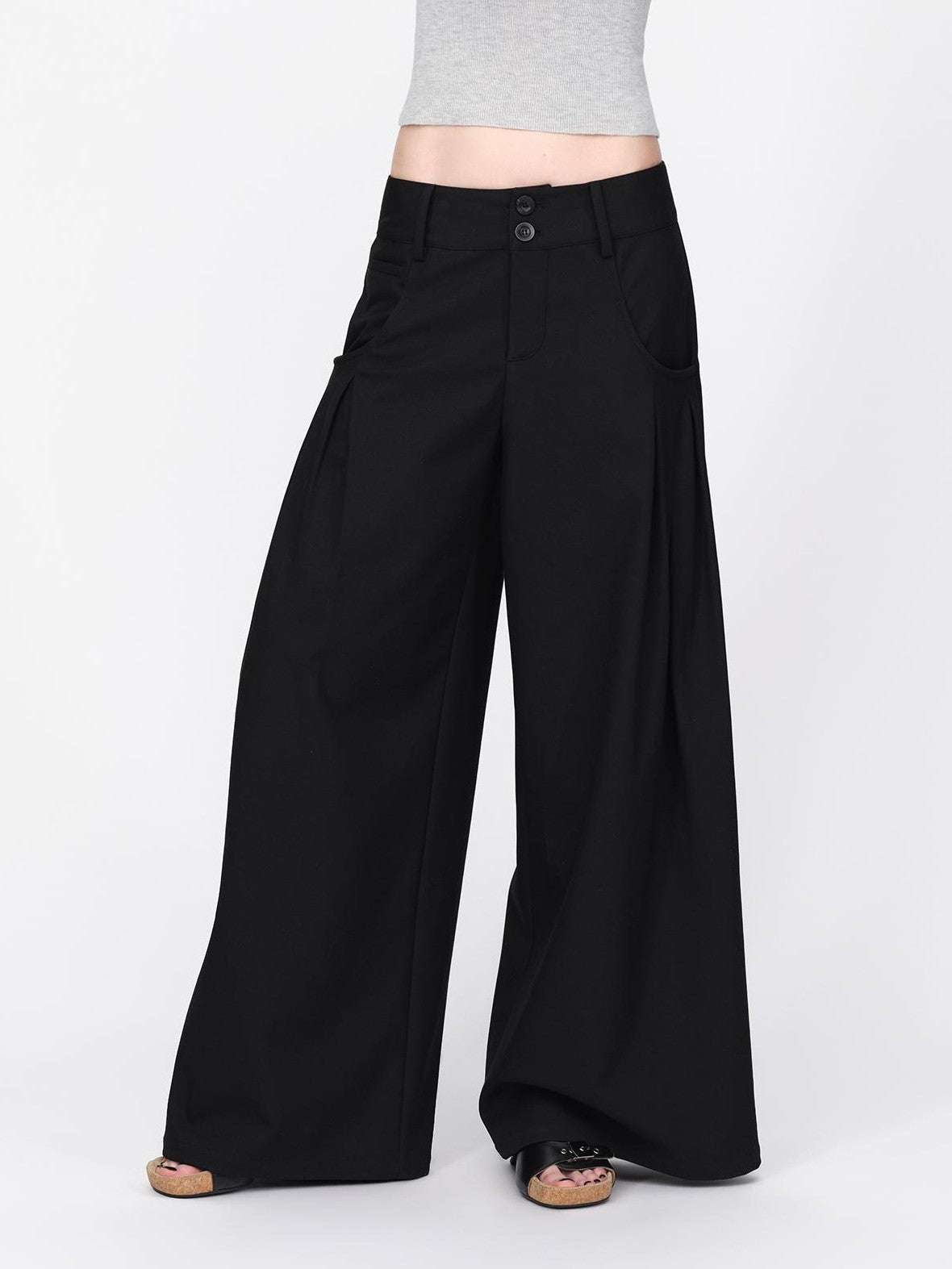 RUN TO THE FUTURE Black Minimalist Wide Leg Mid Low Rise Women&