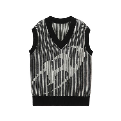 RUN TO THE FUTURE Black White Striped V-neck Sleeveless Retro Straight Fit Wool Blend Sweaters