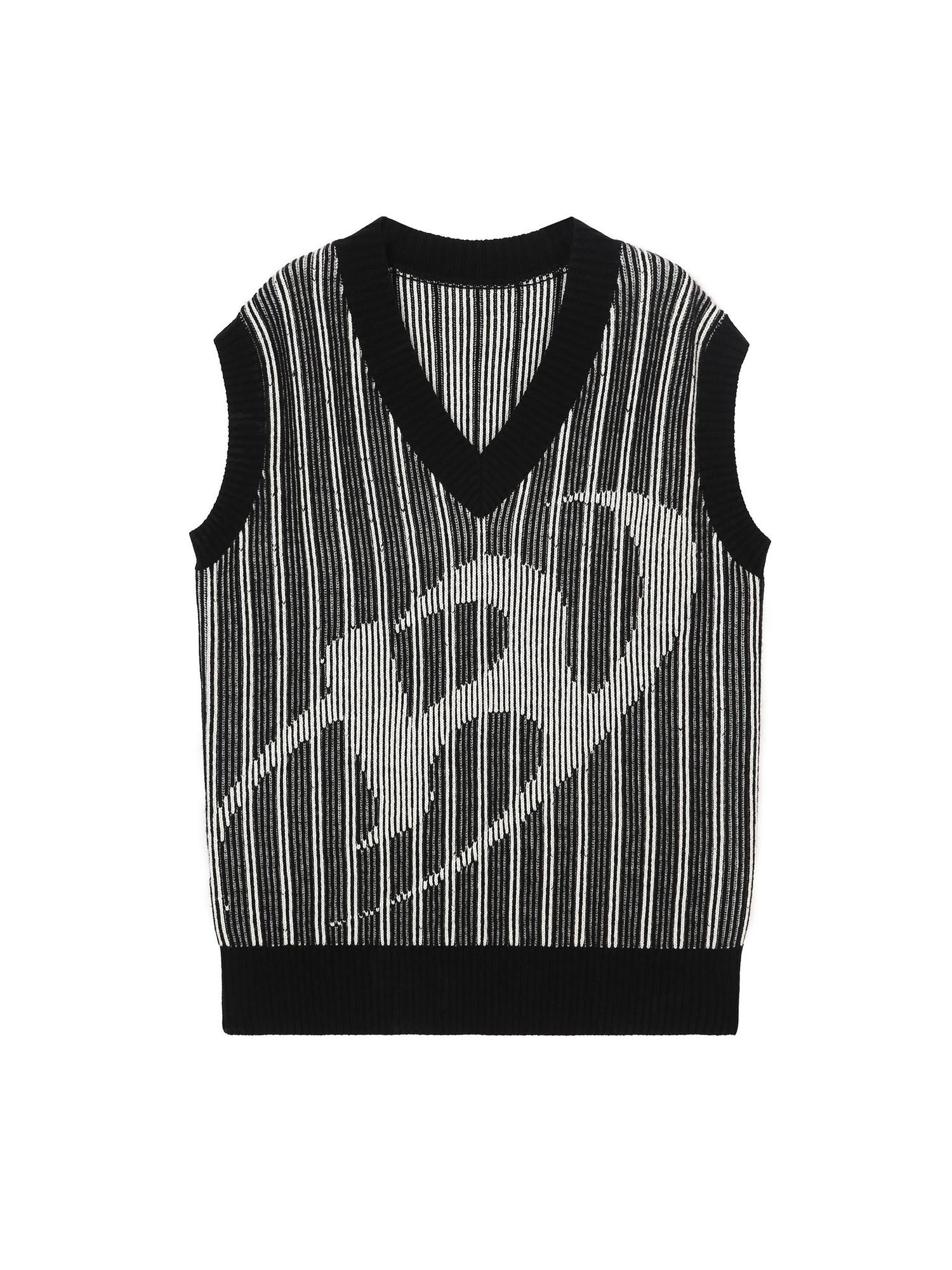 RUN TO THE FUTURE Black White Striped V-neck Sleeveless Retro Straight Fit Wool Blend Sweaters