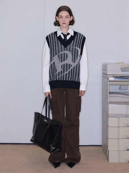 RUN TO THE FUTURE Black White Striped V-neck Sleeveless Retro Straight Fit Wool Blend Sweaters
