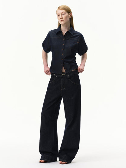 RUN TO THE FUTURE Blue Embroidered Bat Sleeve Collared Women&