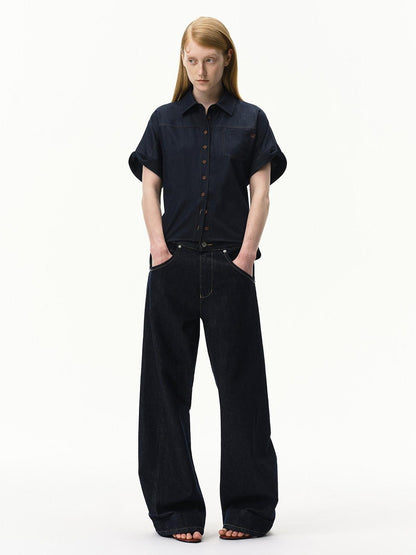 RUN TO THE FUTURE Blue Embroidered Bat Sleeve Collared Women&