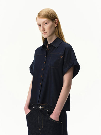 RUN TO THE FUTURE Blue Embroidered Bat Sleeve Collared Women&
