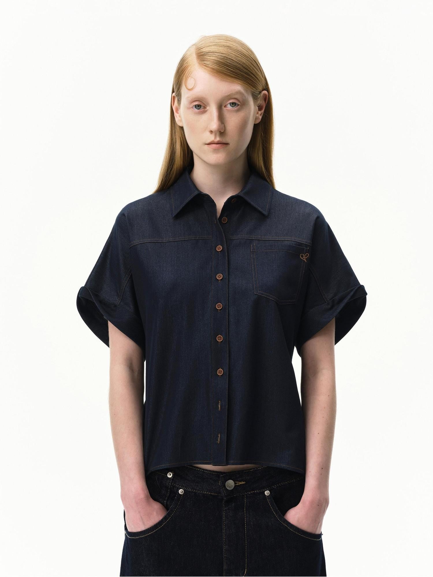 RUN TO THE FUTURE Blue Embroidered Bat Sleeve Collared Women&