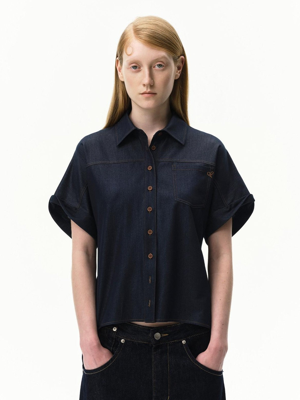 RUN TO THE FUTURE Blue Embroidered Bat Sleeve Collared Women&