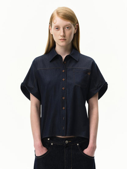RUN TO THE FUTURE Blue Embroidered Bat Sleeve Collared Women&