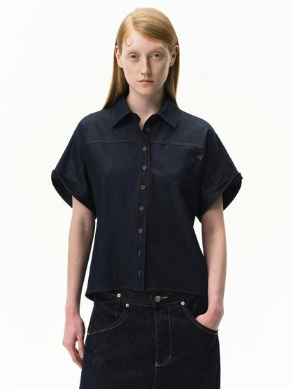 RUN TO THE FUTURE Blue Embroidered Bat Sleeve Collared Women&