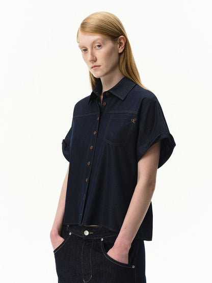 RUN TO THE FUTURE Blue Embroidered Bat Sleeve Collared Women&