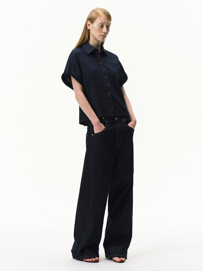 RUN TO THE FUTURE Blue Embroidered Bat Sleeve Collared Women&
