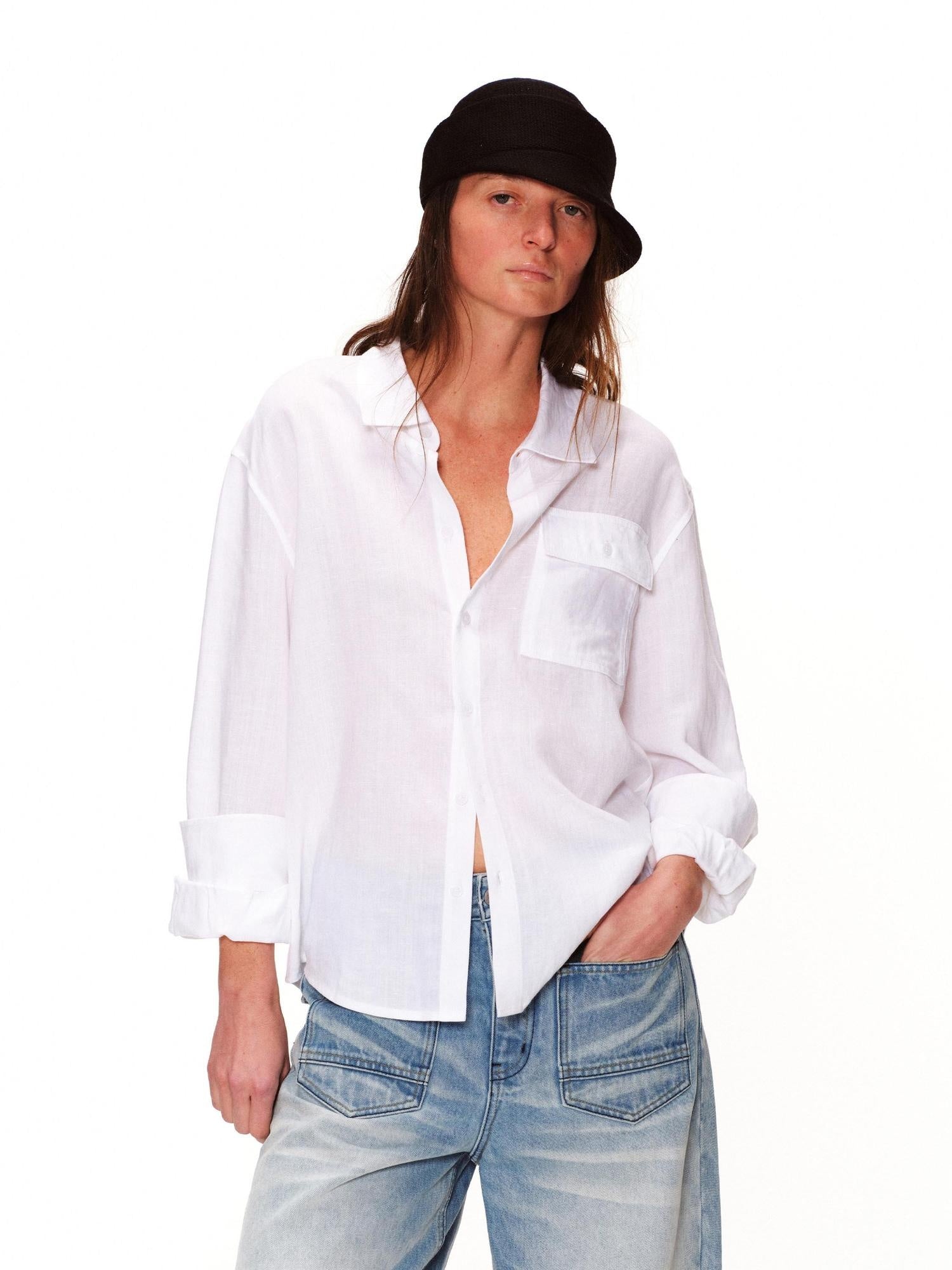 RUN TO THE FUTURE Breathable Lyocell Linen Loose Neutral Button Front Long Sleeve White Shirts