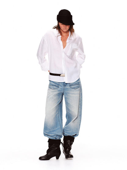 RUN TO THE FUTURE Breathable Lyocell Linen Loose Neutral Button Front Long Sleeve White Shirts