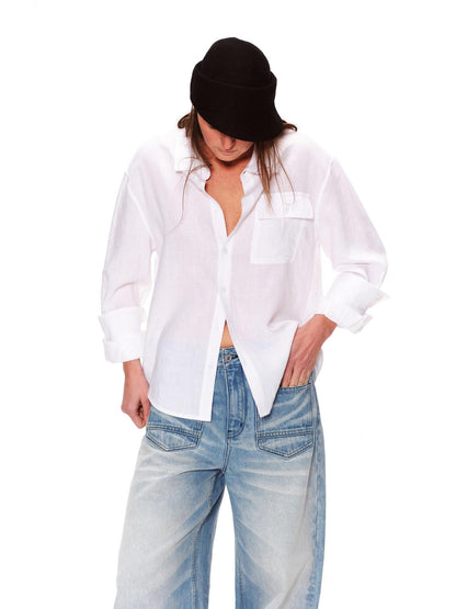 RUN TO THE FUTURE Breathable Lyocell Linen Loose Neutral Button Front Long Sleeve White Shirts