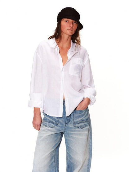 RUN TO THE FUTURE Breathable Lyocell Linen Loose Neutral Button Front Long Sleeve White Shirts
