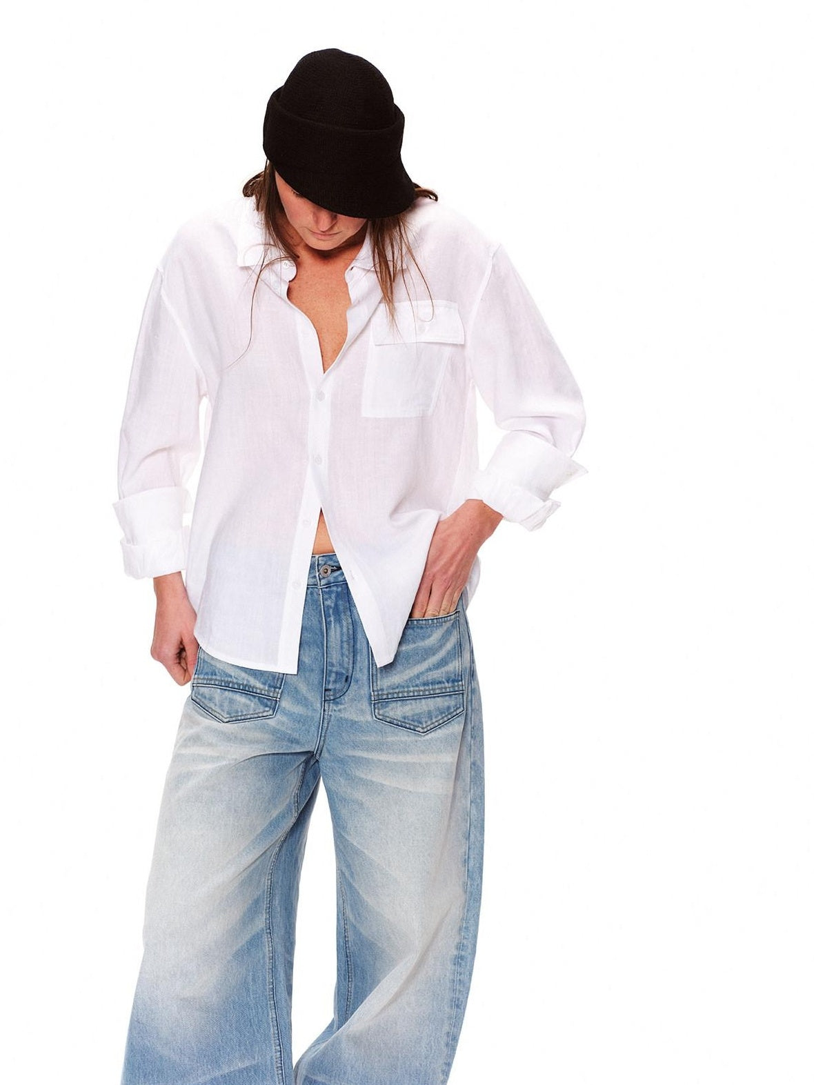 RUN TO THE FUTURE Breathable Lyocell Linen Loose Neutral Button Front Long Sleeve White Shirts