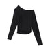 RUN TO THE FUTURE Breathable Lyocell Slim Fit Asymmetric Neck Pleated Solid Long Sleeve T-Shirts