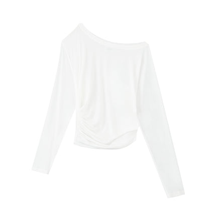 RUN_TO_THE_FUTURE_Breathable_Lyocell_Slim_Fit_Asymmetric_Neck_Pleated_Solid_Long_Sleeve_T-Shirts_MISSTT