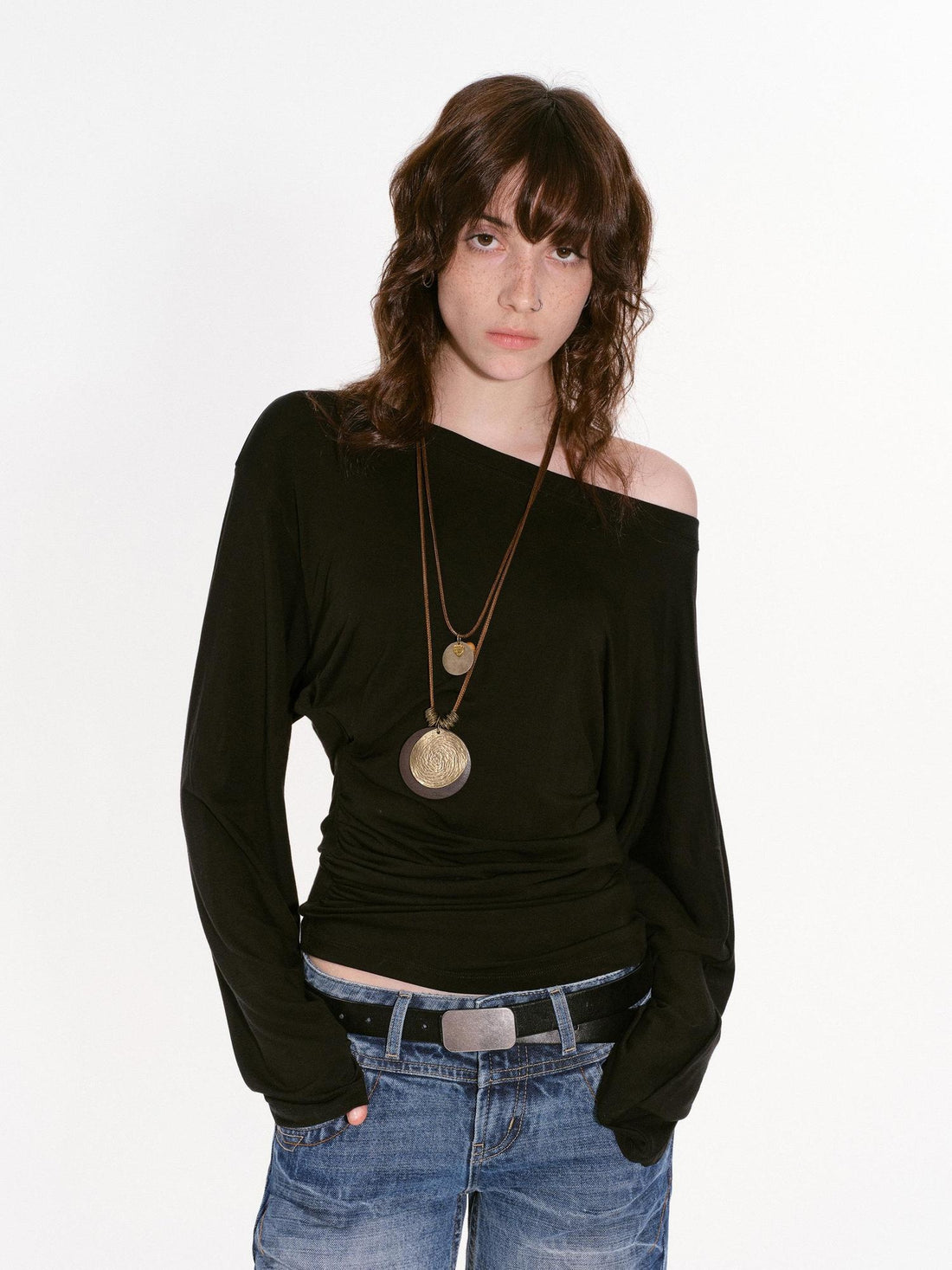 RUN TO THE FUTURE Breathable Lyocell Slim Fit Asymmetric Neck Pleated Solid Long Sleeve T-Shirts