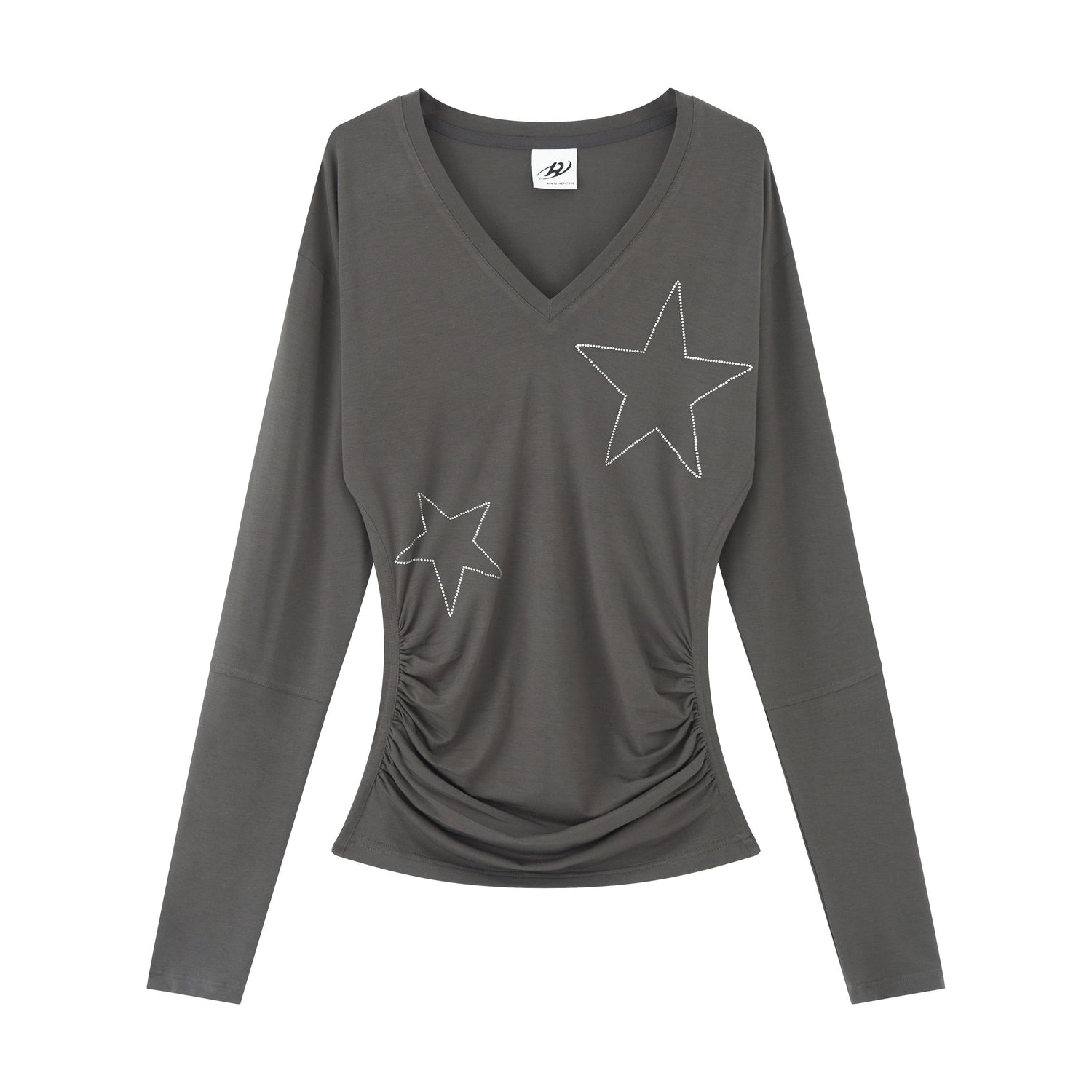 RUN TO THE FUTURE Breathable Lyocell Slim Fit V-neck Rhinestone Star Women Long Sleeve T-Shirts