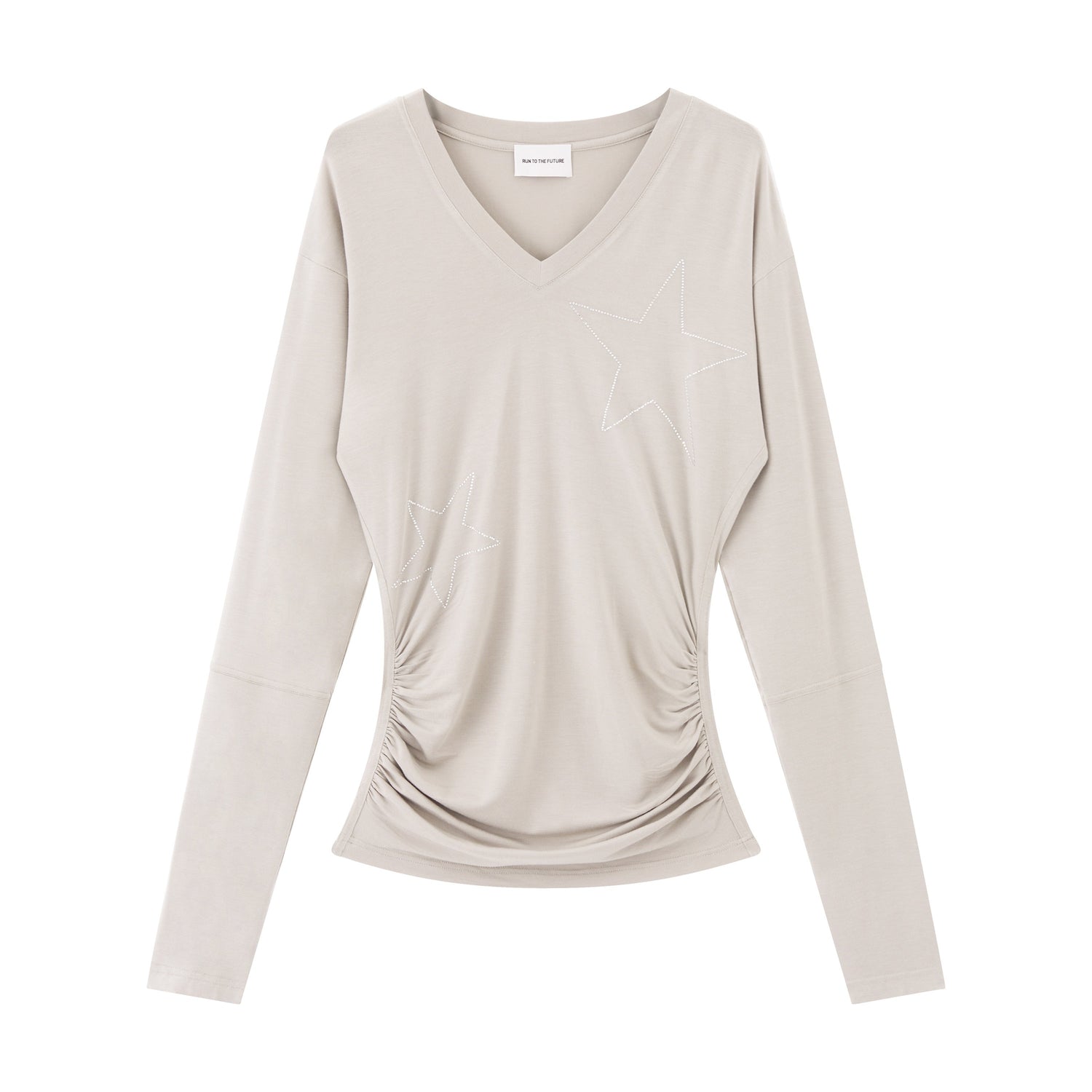 RUN TO THE FUTURE Breathable Lyocell Slim Fit V-neck Rhinestone Star Women Long Sleeve T-Shirts