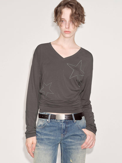RUN TO THE FUTURE Breathable Lyocell Slim Fit V-neck Rhinestone Star Women Long Sleeve T-Shirts