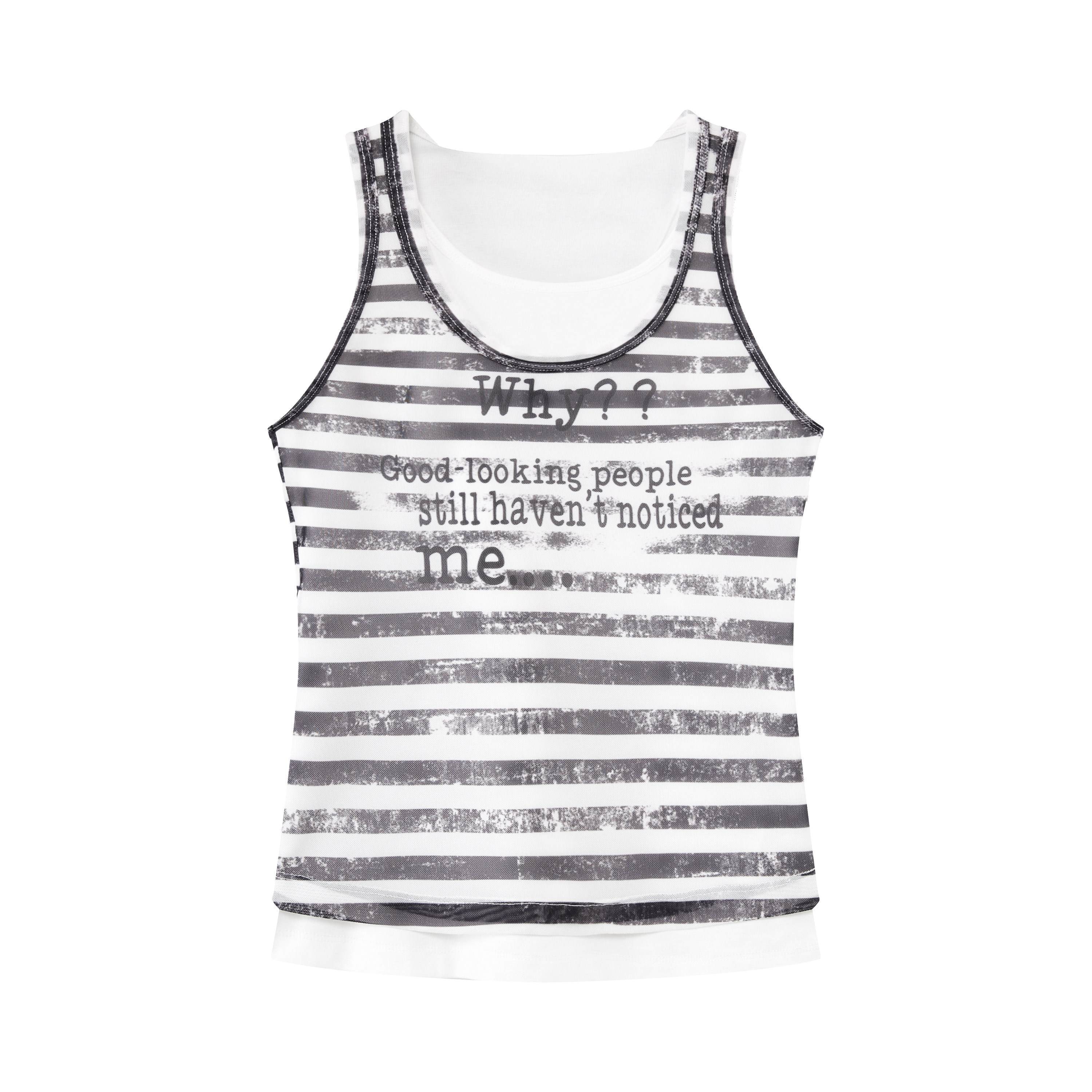 RUN TO THE FUTURE Breathable Mesh Printed Slim Fit Casual Round Neck Women Striped Tank Tops