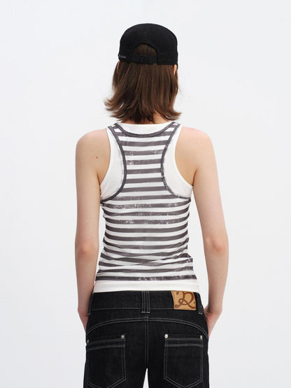 RUN TO THE FUTURE Breathable Mesh Printed Slim Fit Casual Round Neck Women Striped Tank Tops