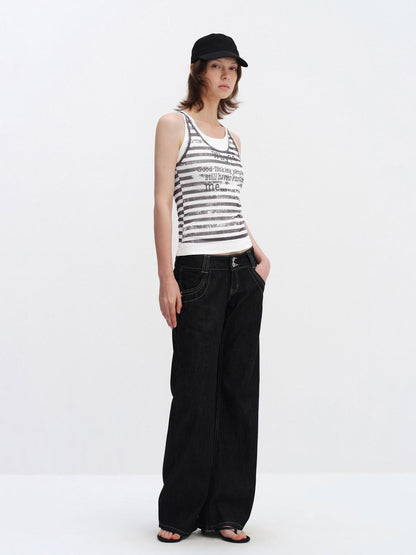 RUN TO THE FUTURE Breathable Mesh Printed Slim Fit Casual Round Neck Women Striped Tank Tops