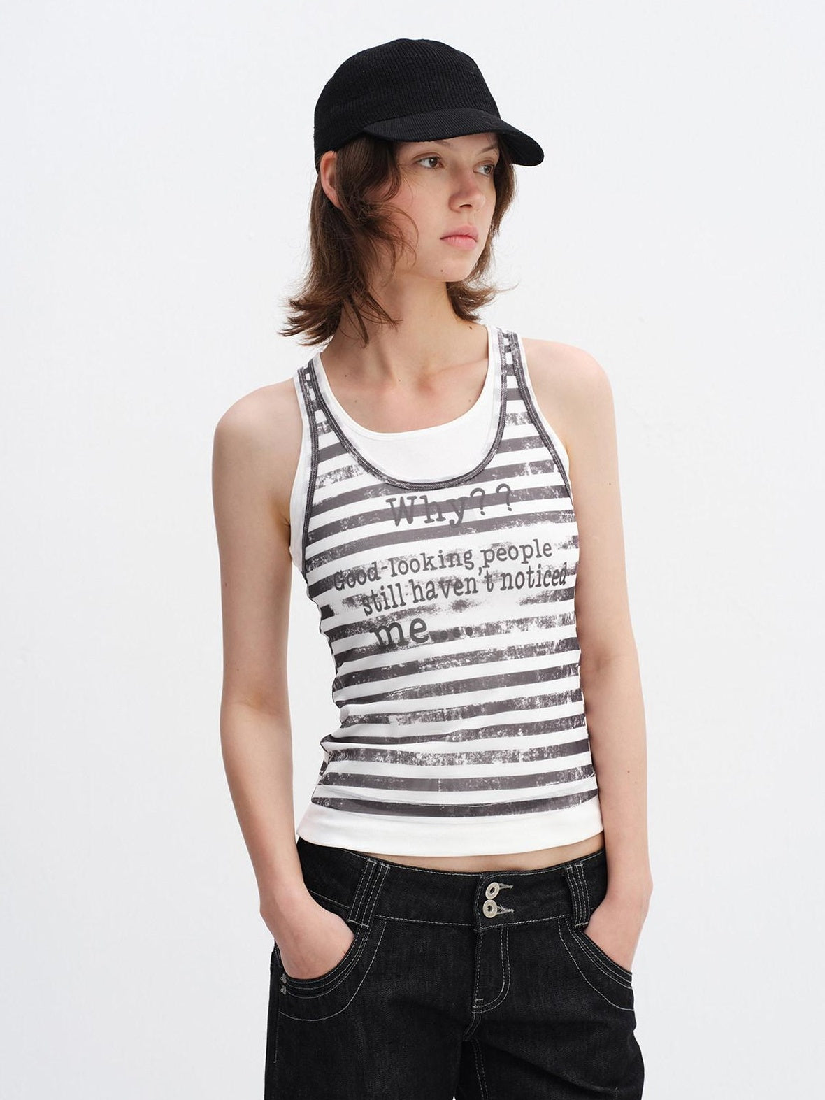 RUN TO THE FUTURE Breathable Mesh Printed Slim Fit Casual Round Neck Women Striped Tank Tops