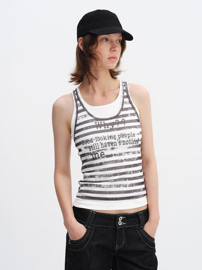 RUN TO THE FUTURE Breathable Mesh Printed Slim Fit Casual Round Neck Women Striped Tank Tops