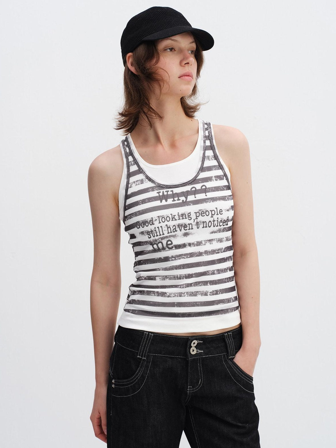 RUN TO THE FUTURE Breathable Mesh Printed Slim Fit Casual Round Neck Women Striped Tank Tops