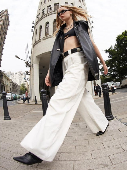 RUN TO THE FUTURE Breathable Minimalist Natural Waist For Women Cotton Blend Wide-Leg Pants