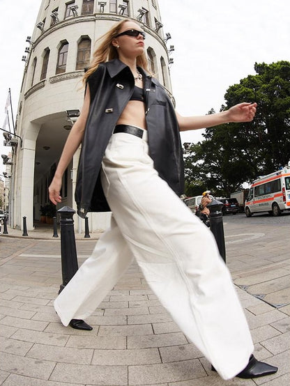 RUN TO THE FUTURE Breathable Minimalist Natural Waist For Women Cotton Blend Wide-Leg Pants