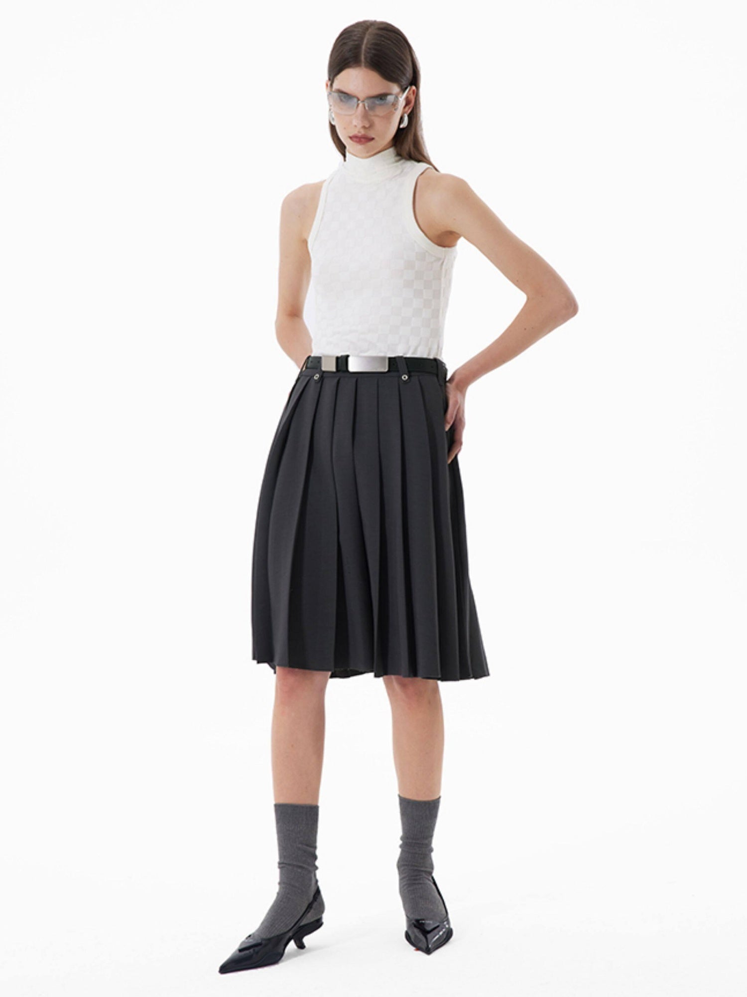 RUN TO THE FUTURE Breathable Pleated Korean Commuter A Line Mid Waist Women Gray Midi Skirts