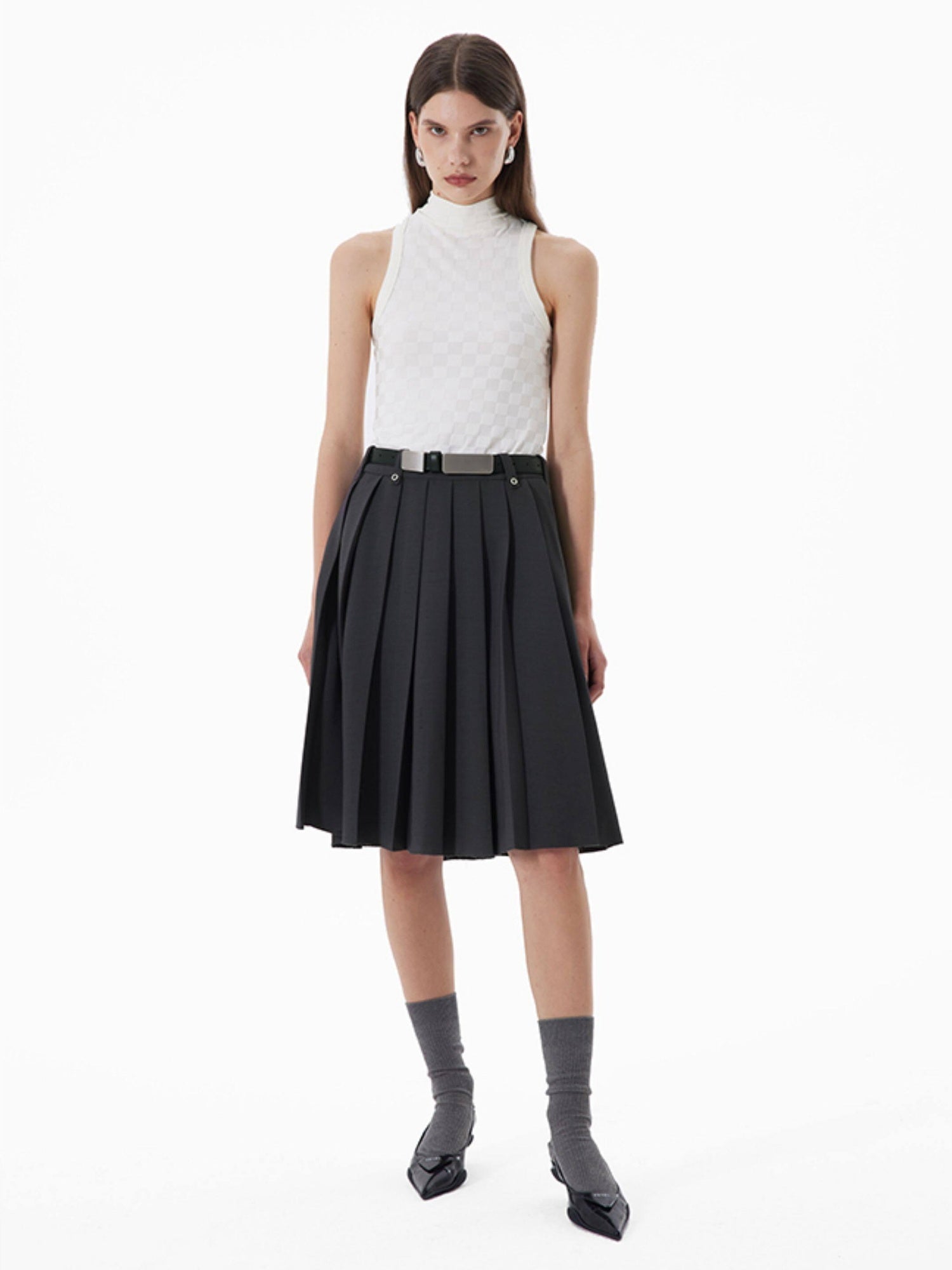 RUN TO THE FUTURE Breathable Pleated Korean Commuter A Line Mid Waist Women Gray Midi Skirts