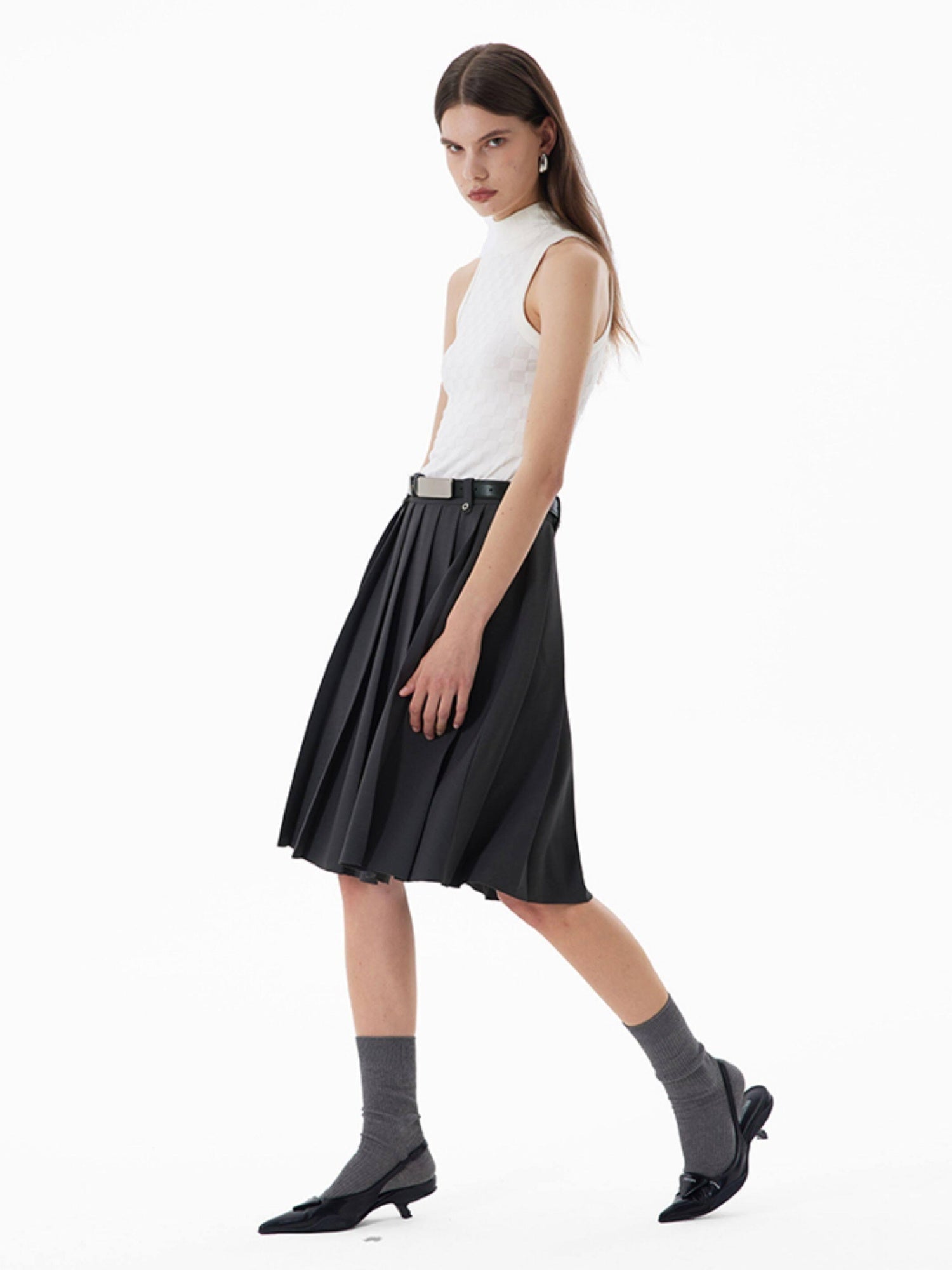 RUN TO THE FUTURE Breathable Pleated Korean Commuter A Line Mid Waist Women Gray Midi Skirts