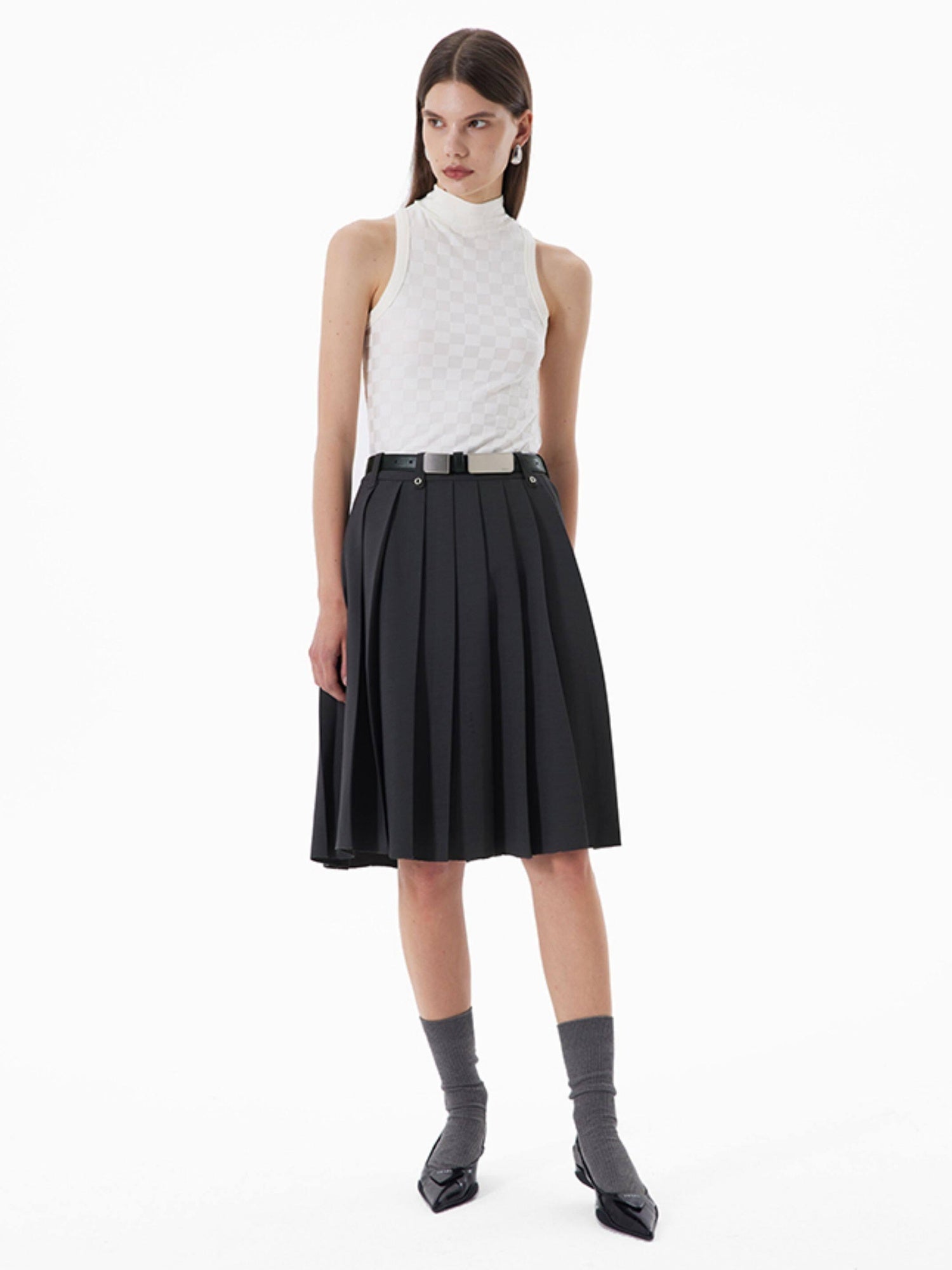 RUN TO THE FUTURE Breathable Pleated Korean Commuter A Line Mid Waist Women Gray Midi Skirts