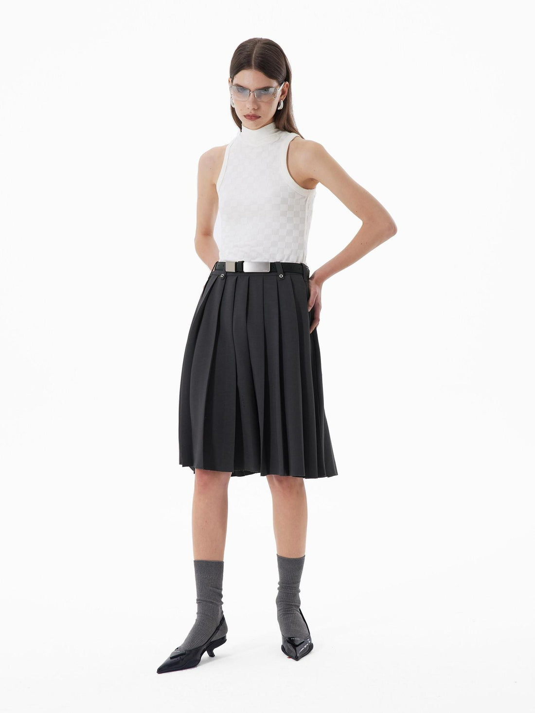 RUN TO THE FUTURE Breathable Pleated Korean Commuter A Line Mid Waist Women Gray Midi Skirts