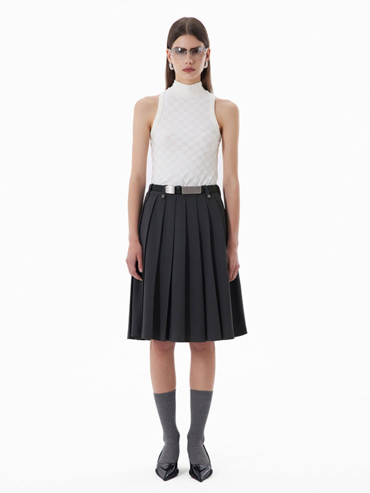 RUN TO THE FUTURE Breathable Pleated Korean Commuter A Line Mid Waist Women Gray Midi Skirts