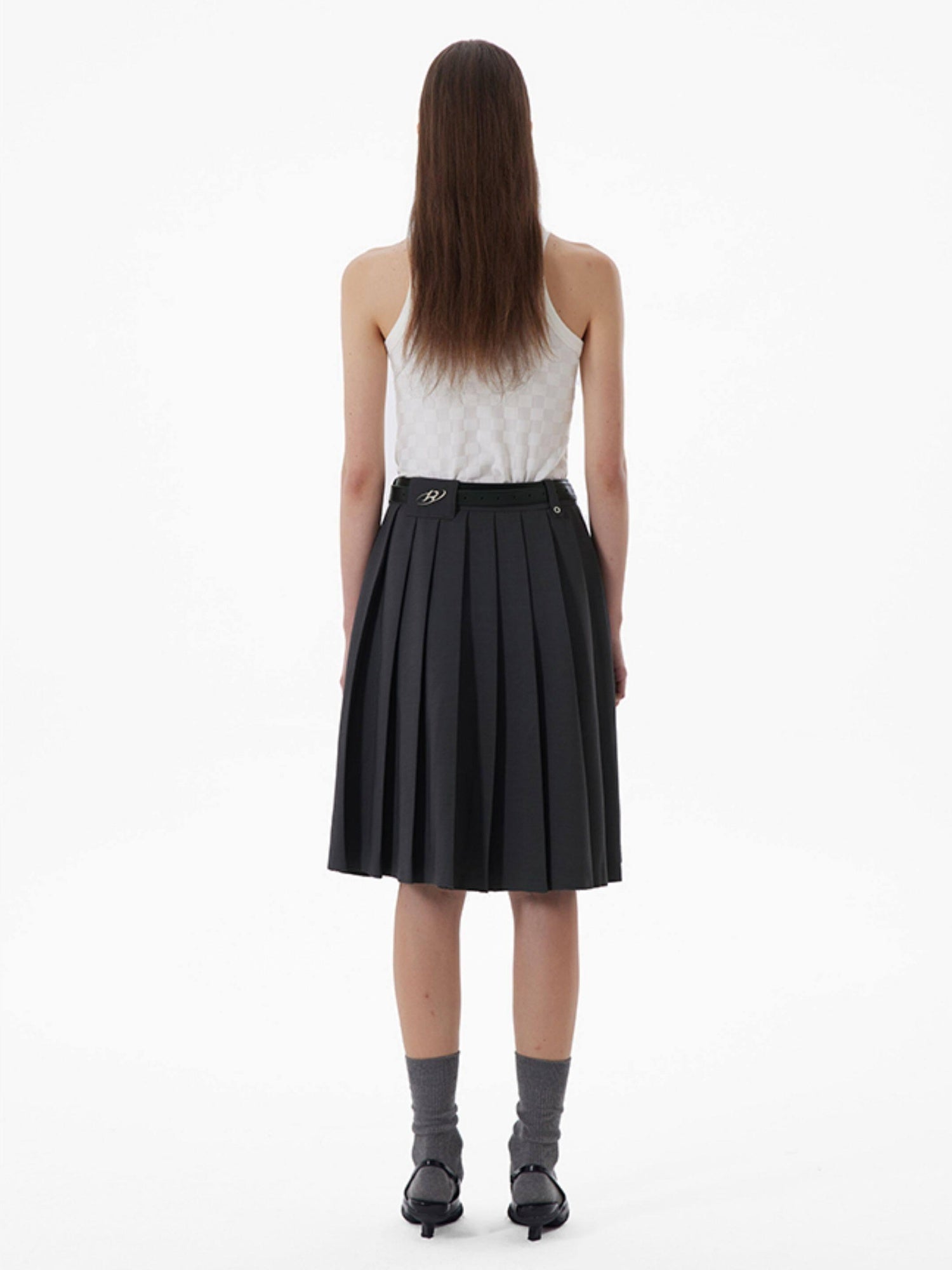 RUN TO THE FUTURE Breathable Pleated Korean Commuter A Line Mid Waist Women Gray Midi Skirts
