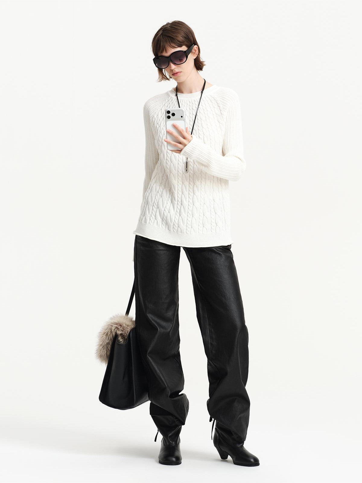 RUN TO THE FUTURE Cable Knit Rolled Edge Relaxed Fit Women&